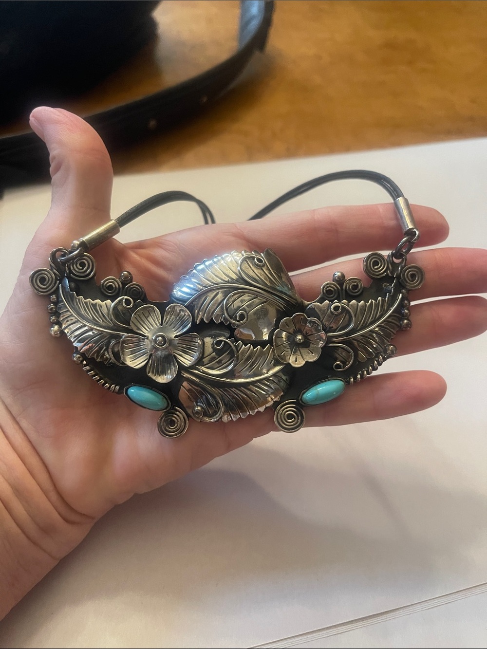 Floral Leaf Statement Necklace in Sterling Silver with Turquoise Accents
